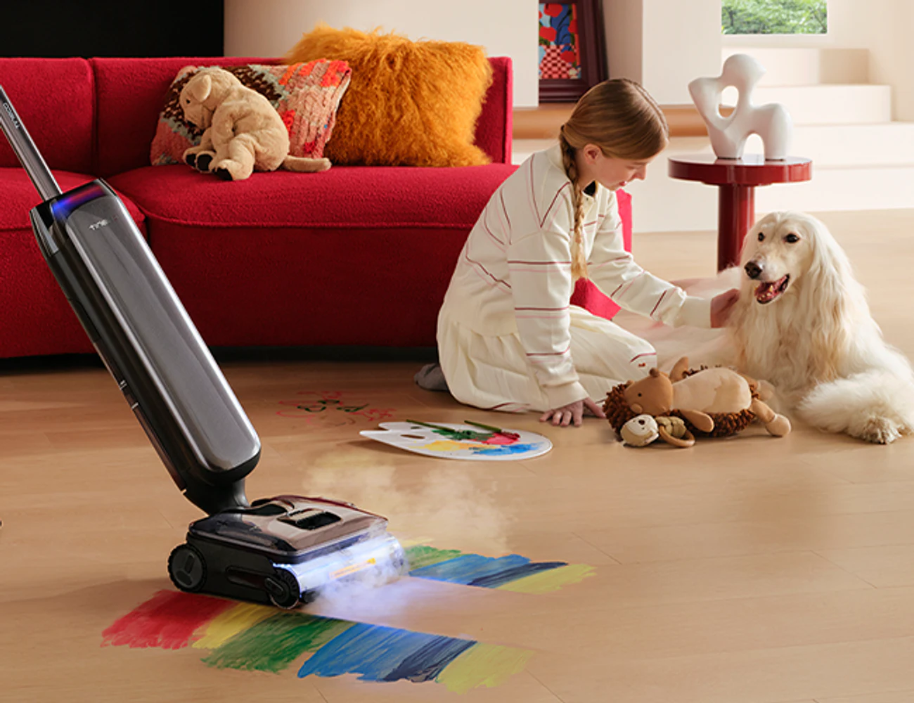 Tineco FLOOR ONE S9 Artist Steam floor washer in a home with a child and dog