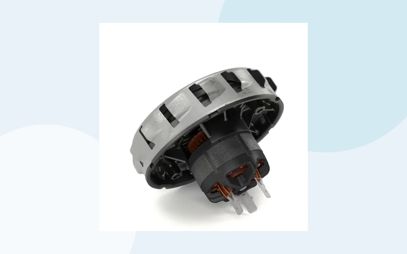 Domel Series 759 brushless bypass vacuum motor on a light blue background