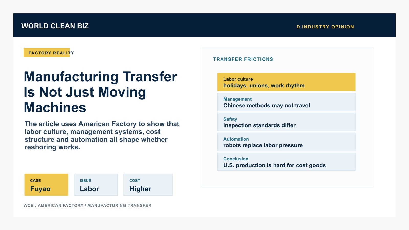 Manufacturing transfer reality map showing labor culture, management friction, safety standards, automation and U.S. production cost pressure