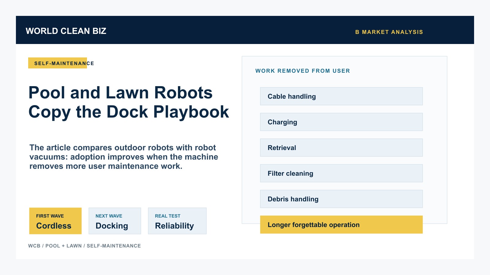 Pool and lawn robot self-maintenance roadmap