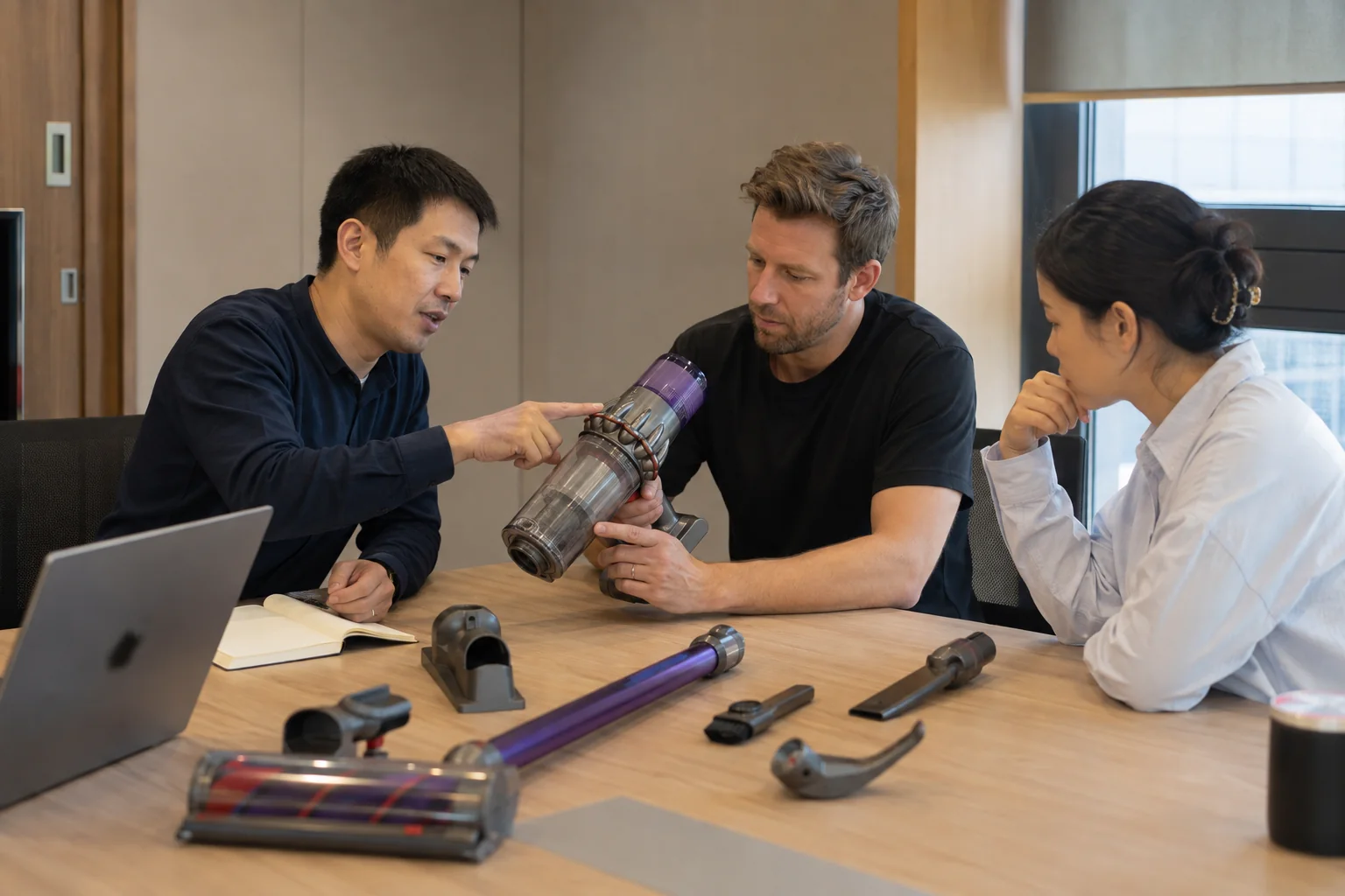 Product specialists discussing a vacuum cleaner sample