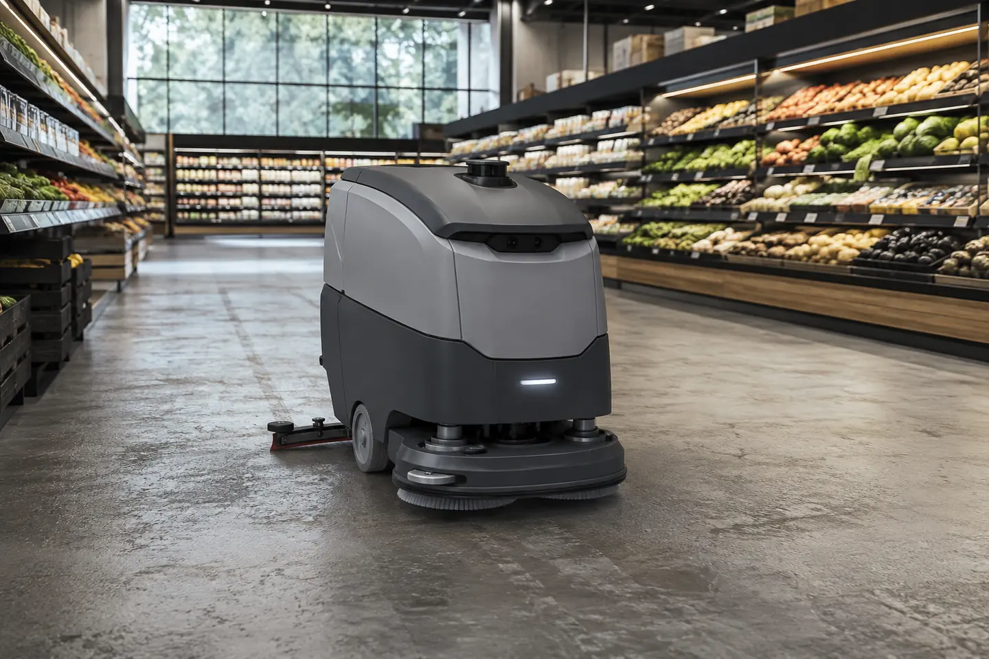 autonomous floor scrubber in a supermarket aisle