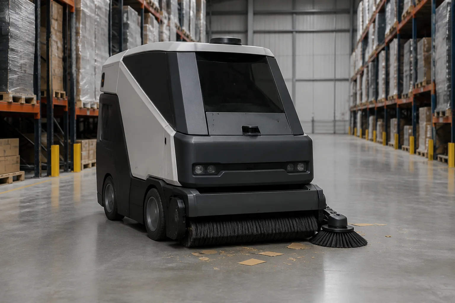 autonomous commercial sweeper in a warehouse