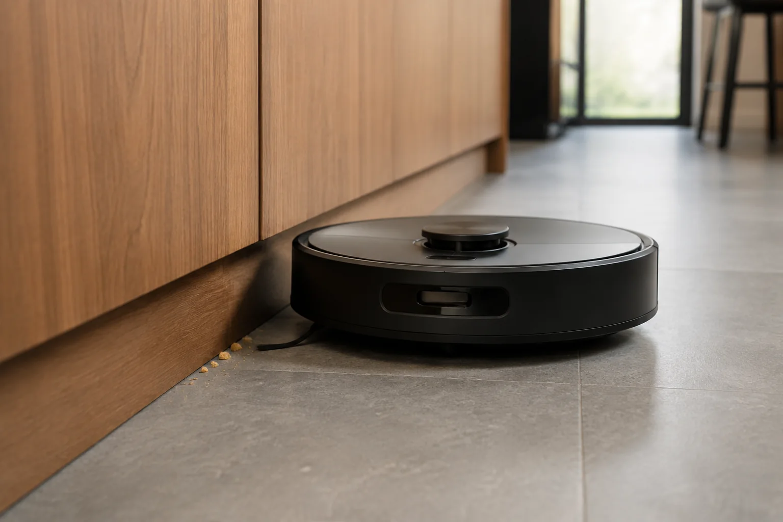 premium robot vacuum cleaning along a kitchen edge