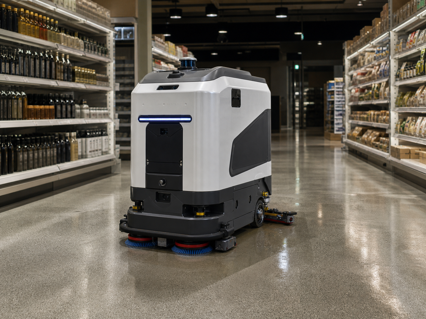 Illustrative autonomous commercial floor-cleaning robot in a retail environment
