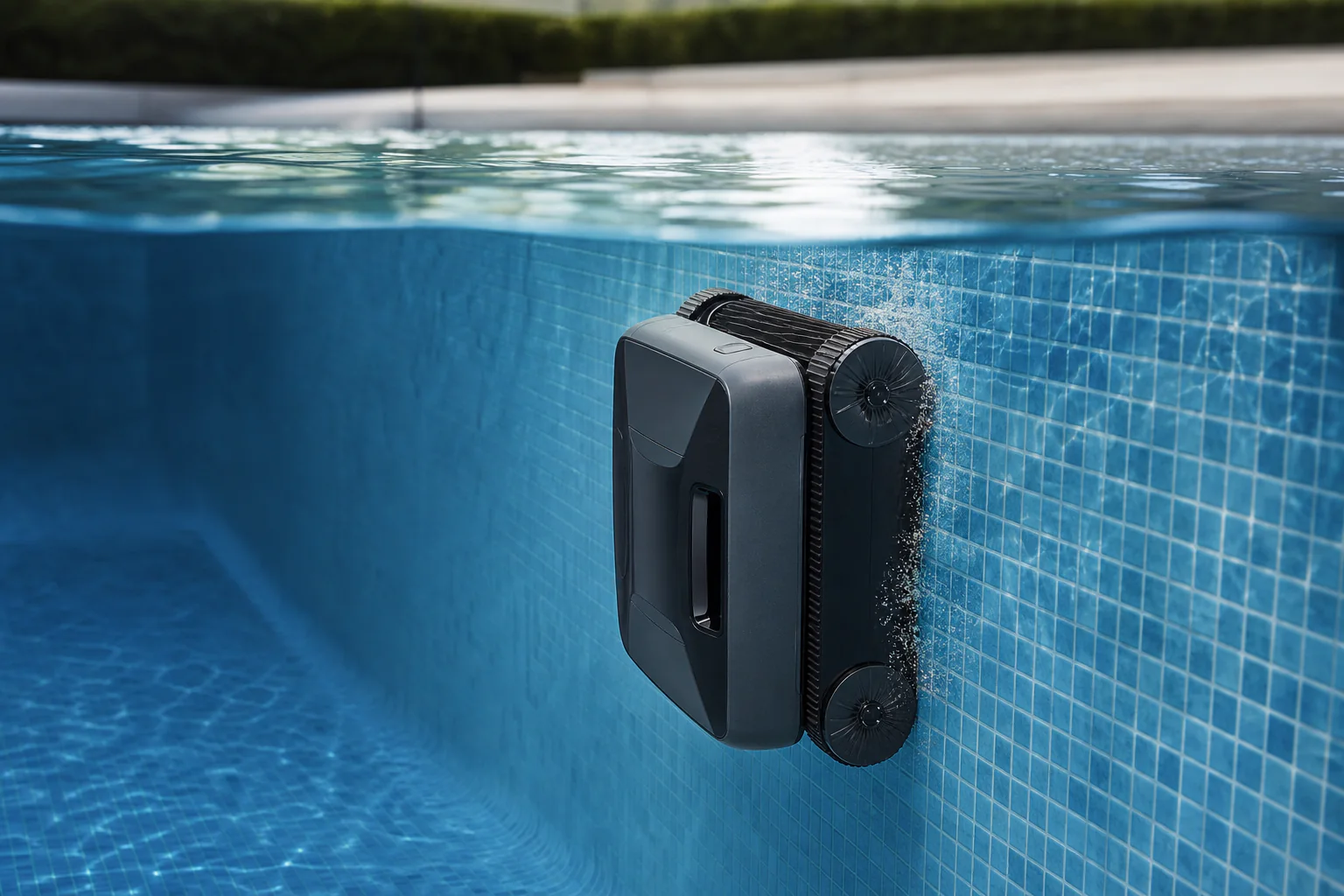 Illustrative wall-climbing robotic pool cleaner under product assessment