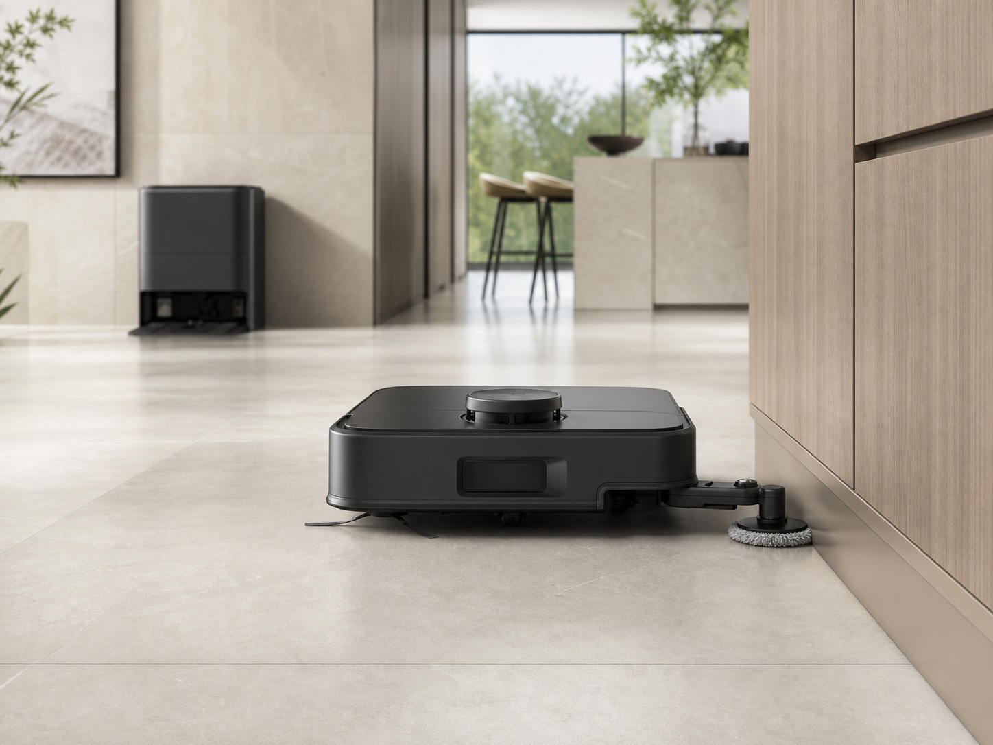 Illustrative premium robot vacuum cleaning along a kitchen edge