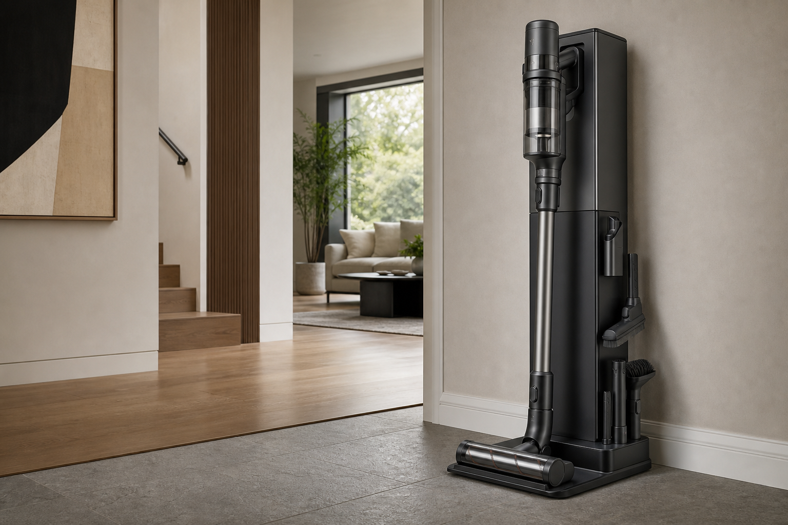 Illustrative premium cordless vacuum cleaner with an automated storage dock